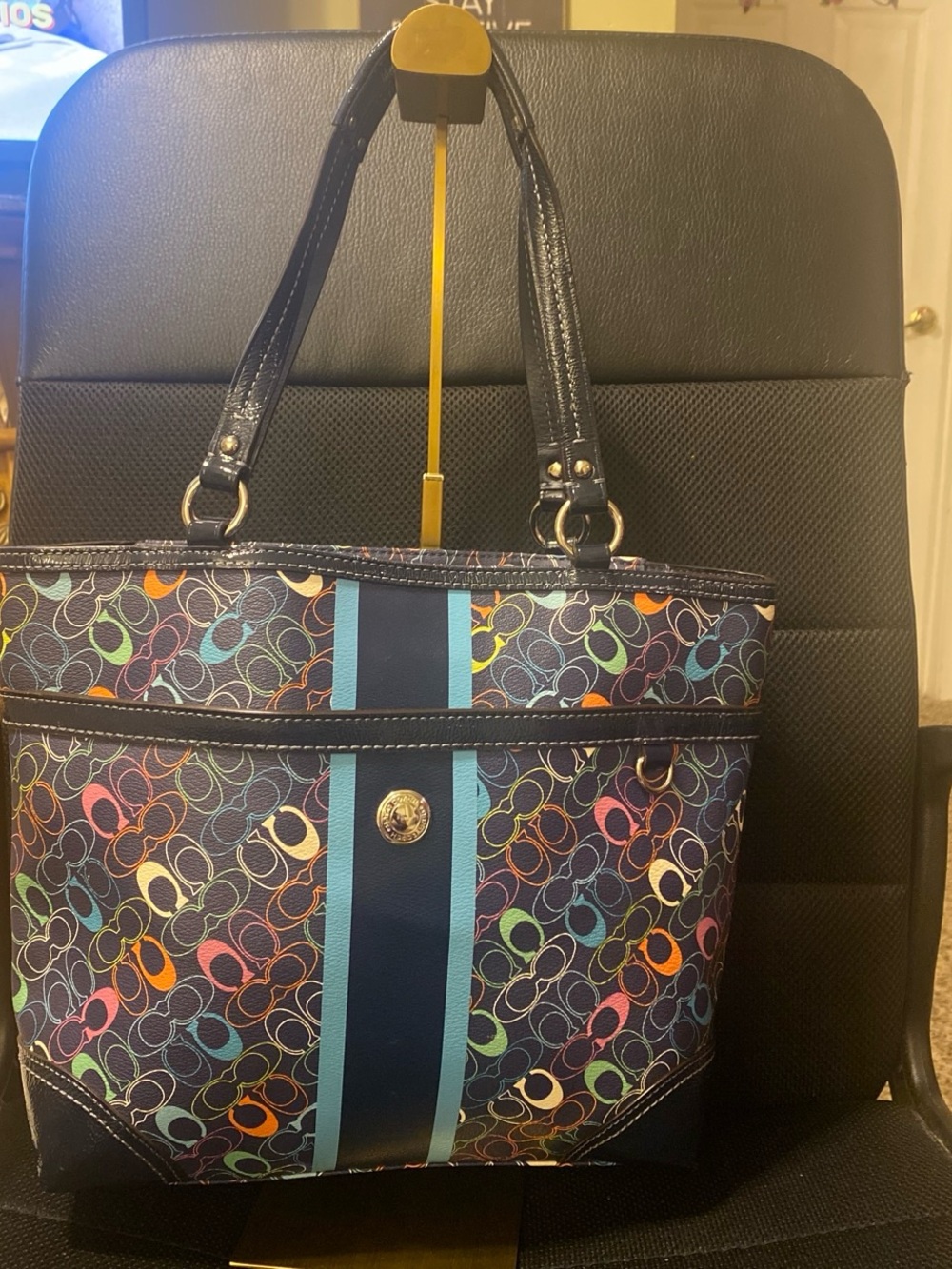 Coach Multicolor Signature Tote with Navy and Light Blue Stripes